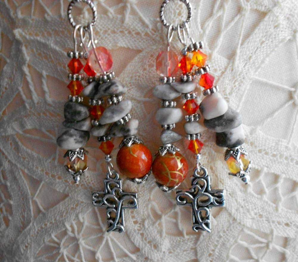 Gemstone Cross Earrings OOAK