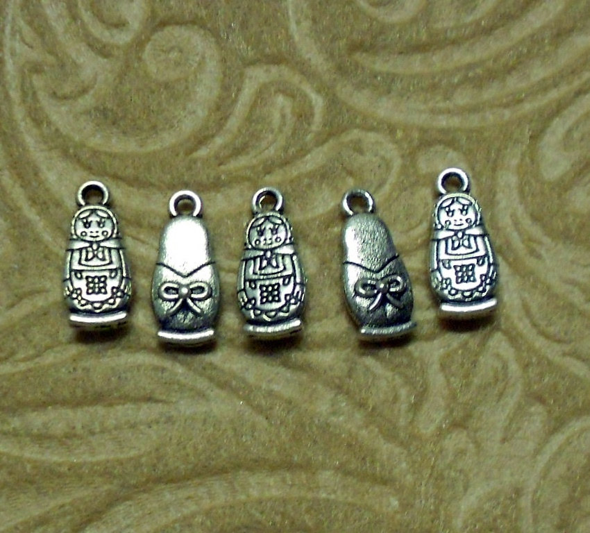 Five Matryoshka "Stacking Doll" Silver Charms with Two Free Earring Hooks